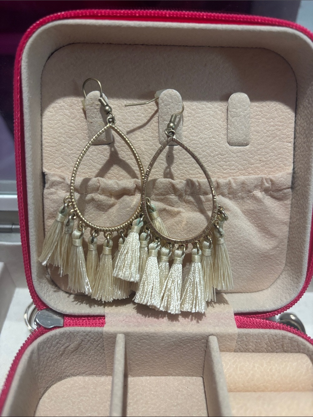 Unbranded Cream Tassel Hoop Earrings with Gold-Tone Hoops